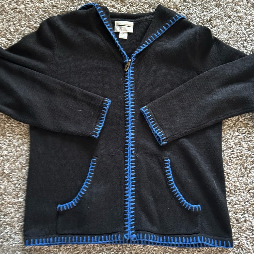 Christopher & Banks Black Zip-Up Sweater with Blue Accents